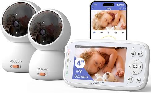 1080P WiFi Baby Monitor with 2 Cameras and Audio，4" IPS Display | 2.4GHz Wifi,Pan-Tilt-Zoom Camera,360° View, HD Night Vision, Motion & Cry Detection, Temperature Sensor, Feeding Reminder in Kuwait