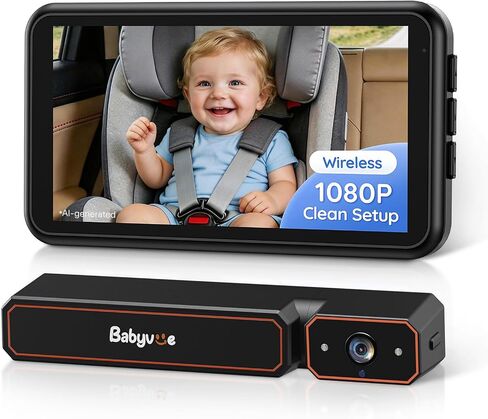 Babyvue Wireless Baby Car Camera, No Wiring Baby Car Monitor Easy Setup | 5.2" Display, HD1080P, Auto IR Night Vision, Mirror Image, 3X Zoom, Auto Start-Stop, Brightness Adjustable in Kuwait