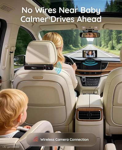 Babyvue Wireless Baby Car Camera, No Wiring Baby Car Monitor Easy Setup | 5.2" Display, HD1080P, Auto IR Night Vision, Mirror Image, 3X Zoom, Auto Start-Stop, Brightness Adjustable in Kuwait