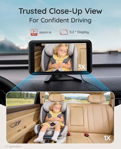 Babyvue Wireless Baby Car Camera, No Wiring Baby Car Monitor Easy Setup | 5.2" Display, HD1080P, Auto IR Night Vision, Mirror Image, 3X Zoom, Auto Start-Stop, Brightness Adjustable in Kuwait