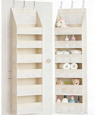 Over The Door Organizer, 6-Shelf Closet Hanging Storage with 13 Mesh Pockets, 55lbs Capacity Behind The Door Storage for Baby Nursery, Bathroom, Bedroom, and Dorm, Beige in Kuwait