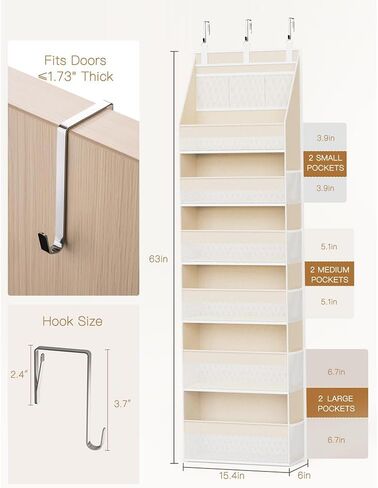 Over The Door Organizer, 6-Shelf Closet Hanging Storage with 13 Mesh Pockets, 55lbs Capacity Behind The Door Storage for Baby Nursery, Bathroom, Bedroom, and Dorm, Beige in Kuwait