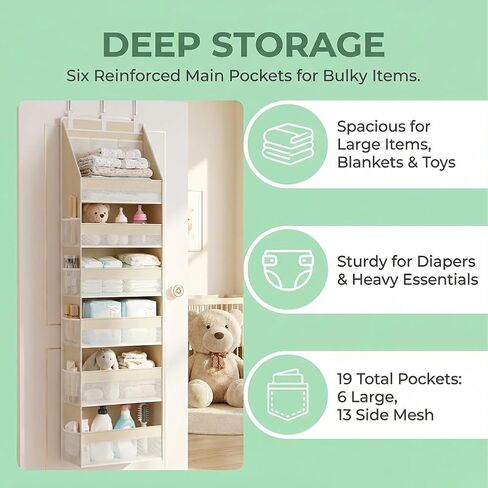 Over The Door Organizer, 6-Shelf Closet Hanging Storage with 13 Mesh Pockets, 55lbs Capacity Behind The Door Storage for Baby Nursery, Bathroom, Bedroom, and Dorm, Beige in Kuwait