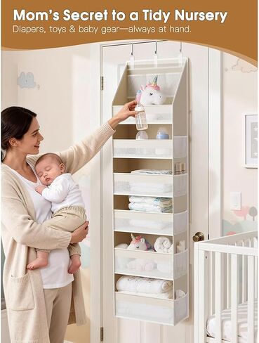 Over The Door Organizer, 6-Shelf Closet Hanging Storage with 13 Mesh Pockets, 55lbs Capacity Behind The Door Storage for Baby Nursery, Bathroom, Bedroom, and Dorm, Beige in Kuwait