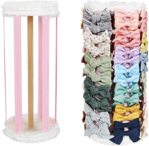 Munzong Pink Bow Holder for Girls Hair Bows, Hair Clip & Hair Accessories Storage for Baby Girl Large Capacity Display Bows Organizer 360°Rotating Stand for Nursery Room Decor-12.6x5.5inch in Kuwait