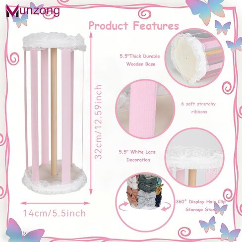 Munzong Pink Bow Holder for Girls Hair Bows, Hair Clip & Hair Accessories Storage for Baby Girl Large Capacity Display Bows Organizer 360°Rotating Stand for Nursery Room Decor-12.6x5.5inch in Kuwait