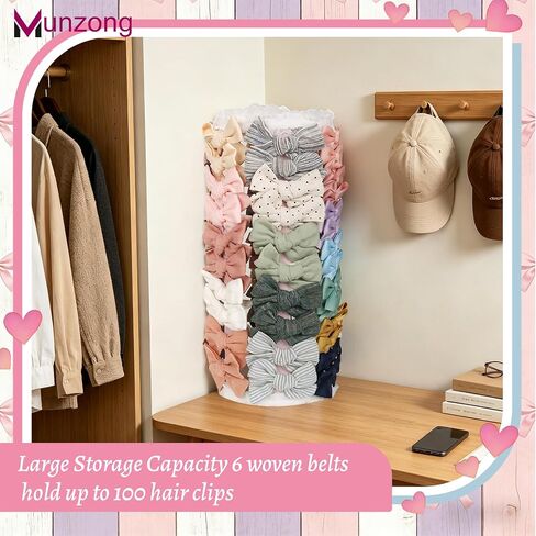 Munzong Pink Bow Holder for Girls Hair Bows, Hair Clip & Hair Accessories Storage for Baby Girl Large Capacity Display Bows Organizer 360°Rotating Stand for Nursery Room Decor-12.6x5.5inch in Kuwait