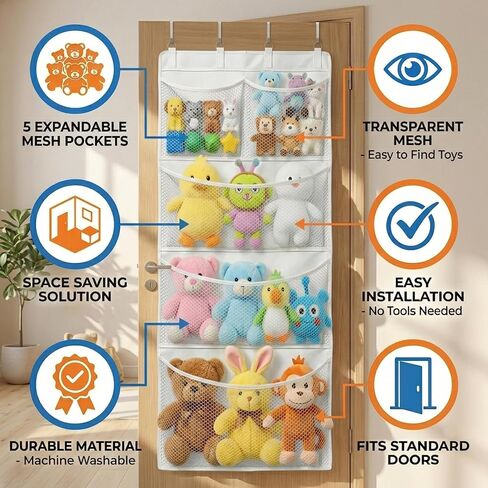 Over the Door Stuffed Animal Storage Organizer, Large Mesh Hanging Storage for Plush Toys, Blankets & Pillows, Bedroom & Dorm Use (White) in Kuwait