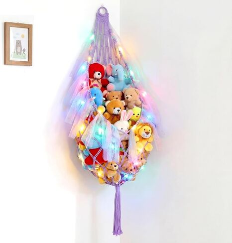HunnmingRe Stuffed Animal Storage Organizers Corner Hanging Net with LED Lights 59 Inch Toy Storage Stuffed Animal Hammock Macrame Toy Display Plush Holder Wall for Bedroom Nursery Playroom Organizer in Kuwait