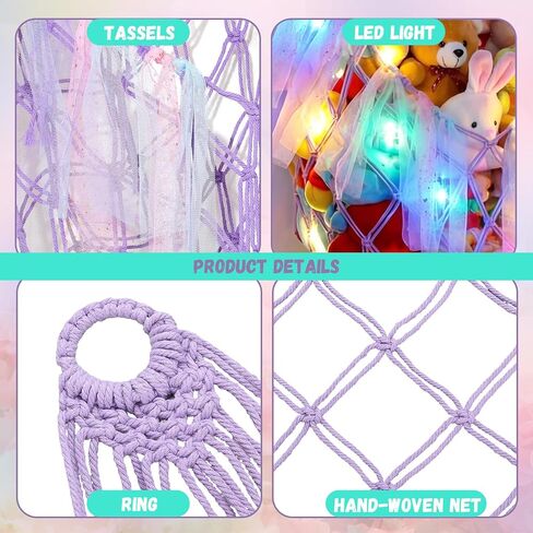 HunnmingRe Stuffed Animal Storage Organizers Corner Hanging Net with LED Lights 59 Inch Toy Storage Stuffed Animal Hammock Macrame Toy Display Plush Holder Wall for Bedroom Nursery Playroom Organizer in Kuwait