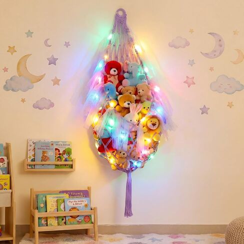 HunnmingRe Stuffed Animal Storage Organizers Corner Hanging Net with LED Lights 59 Inch Toy Storage Stuffed Animal Hammock Macrame Toy Display Plush Holder Wall for Bedroom Nursery Playroom Organizer in Kuwait