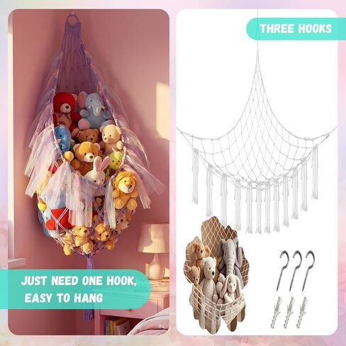HunnmingRe Stuffed Animal Storage Organizers Corner Hanging Net with LED Lights 59 Inch Toy Storage Stuffed Animal Hammock Macrame Toy Display Plush Holder Wall for Bedroom Nursery Playroom Organizer in Kuwait
