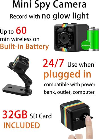 No WiFi Security Camera, 1080P Mini Spy Camera, Small Wireless Camera | Mini Security Camera with 32GB TF Card, 360° Rotation Bracket, Mult-Installation, for Travel/ Camping/Indoor/ Outdoor, Black in Kuwait