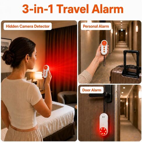 3-in-1 Hidden Camera Detector, 130dB Personal Alarm for Women, Red LED Lens Finder Light, Rechargeable SOS Alarm, Portable Door Alarm When Opened for Hotel, Dorm, Apartment and Travel in Kuwait