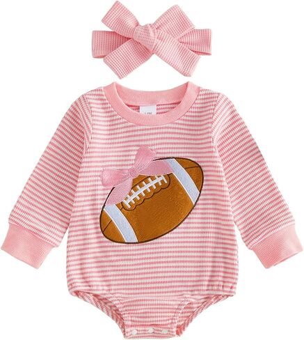 Kavousa Newborn Baby Girl Football Outfit Long Sleeve Bubble Romper with Headband Infant Fall Winter Waffle Clothes in Kuwait
