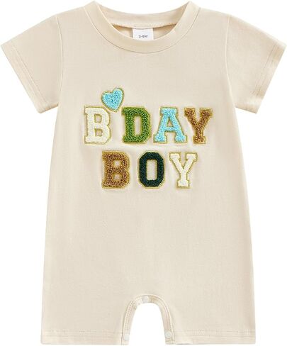 SAYOO Newborn Baby Girl Boy 1st Birthday Romper Casual Letter One Embroidery Short Sleeve Romper Jumpsuit Shirt for Summer in Kuwait