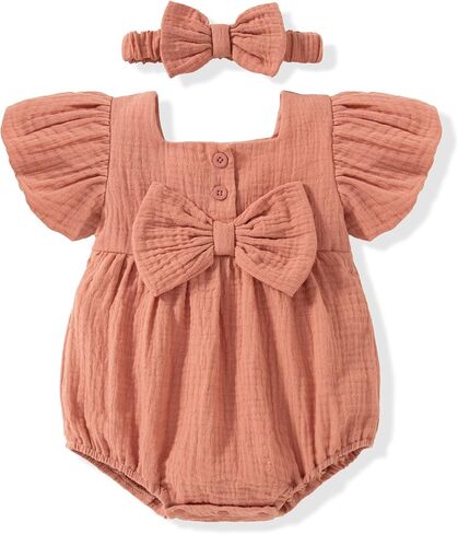 Vibebox Preemie Baby Girl Clothes Spring Summer Short Bubble Sleeve Romper Infant Girl Bows Button Jumpsuits Premature Light Pink Birthday Party Clothing Sets with Elastic Headband Outfit in Kuwait