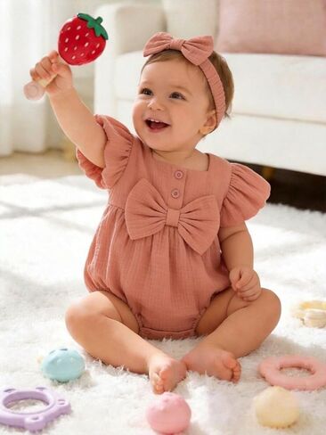 Vibebox Preemie Baby Girl Clothes Spring Summer Short Bubble Sleeve Romper Infant Girl Bows Button Jumpsuits Premature Light Pink Birthday Party Clothing Sets with Elastic Headband Outfit in Kuwait