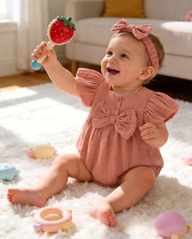 Vibebox Preemie Baby Girl Clothes Spring Summer Short Bubble Sleeve Romper Infant Girl Bows Button Jumpsuits Premature Light Pink Birthday Party Clothing Sets with Elastic Headband Outfit in Kuwait