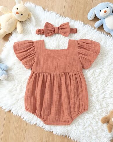 Vibebox Preemie Baby Girl Clothes Spring Summer Short Bubble Sleeve Romper Infant Girl Bows Button Jumpsuits Premature Light Pink Birthday Party Clothing Sets with Elastic Headband Outfit in Kuwait