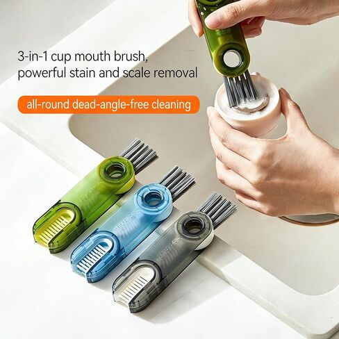 3 in 1 U-Shaped Cup Lid Gap Cleaning Brush Set, Multifunctional Tool for Water Bottle Insulated Cup Slit and Holder, Home Kitchen Cleaning Essential - Blue Green Gray in Kuwait