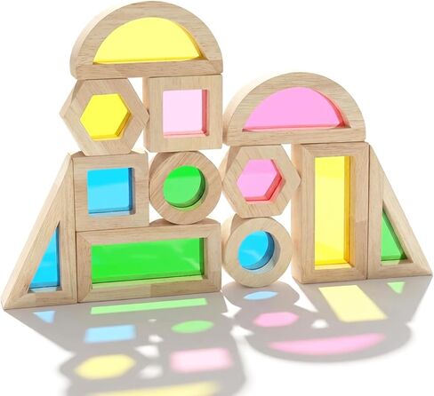 WOODENFUN Wooden Building Blocks Set for Kids, 32 Pcs Rainbow Stacker Game | Stacking Construction Toys Set Preschool Colorful Learning Educational Toys, Geometry Blocks for Boys Girls Birthday Gift in Kuwait
