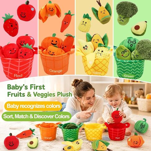Fruit Vegetable Sensory Toys for Baby 6-12 Months - 16Pcs Plush Sorting Set Perfect for Little Hands to Grasp With Cute Faces, Bright Color Food Crinkle & Rattle, Birthday Gift for 1 Year Old Boy Girl in Kuwait