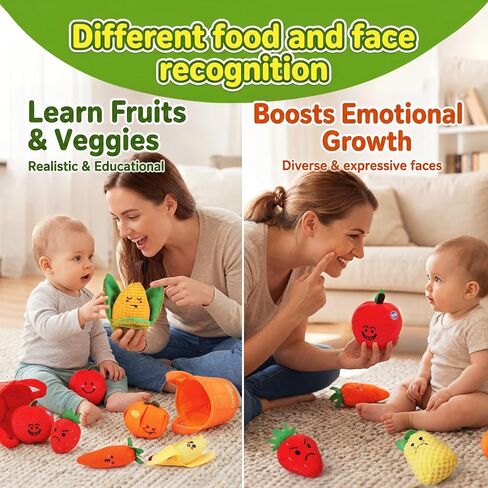 Fruit Vegetable Sensory Toys for Baby 6-12 Months - 16Pcs Plush Sorting Set Perfect for Little Hands to Grasp With Cute Faces, Bright Color Food Crinkle & Rattle, Birthday Gift for 1 Year Old Boy Girl in Kuwait