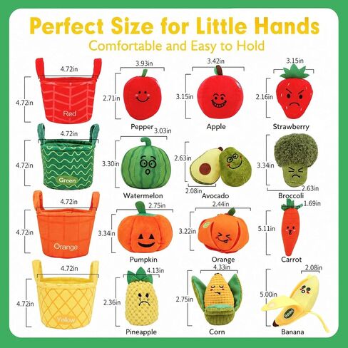 Fruit Vegetable Sensory Toys for Baby 6-12 Months - 16Pcs Plush Sorting Set Perfect for Little Hands to Grasp With Cute Faces, Bright Color Food Crinkle & Rattle, Birthday Gift for 1 Year Old Boy Girl in Kuwait