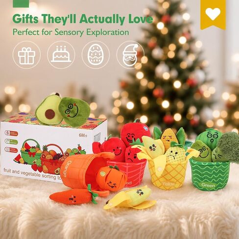Fruit Vegetable Sensory Toys for Baby 6-12 Months - 16Pcs Plush Sorting Set Perfect for Little Hands to Grasp With Cute Faces, Bright Color Food Crinkle & Rattle, Birthday Gift for 1 Year Old Boy Girl in Kuwait