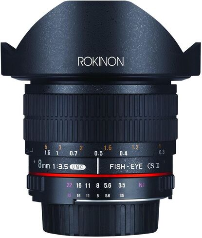 Rokinon HD8M-N 8mm f/3.5 HD Fisheye Lens with Auto Aperture Chip and Removable Hood for Nikon DSLR 8-8mm, Fixed-Non-Zoom Lens | Nikon compatibility, auto aperture chip, removable hood, fixed focus in Kuwait