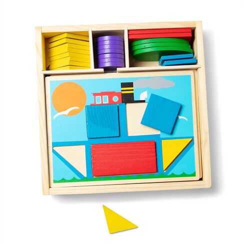 Melissa & Doug Beginner Wooden Pattern Blocks Educational Toy with 5 Double-Sided Scenes and 30 Shapes Puzzles for Kids 3+ in Kuwait