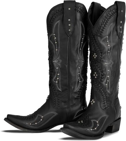 Cowboy Boots for Women Knee High Cowgirl Tall Boots with Pointed Toe Embroidered Side Zipper Back Lace up Chunky Heel Western Boots for Girls Ladies in Kuwait
