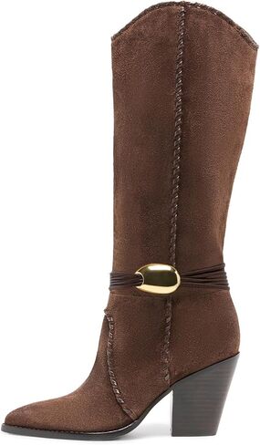 KISSASA Cowboy Knee High Boots Western Cowgirl Stacked Block Heel Pointed Toe Pull On Slouchy Tall Boots with Ankle Gold Metal Accent in Kuwait