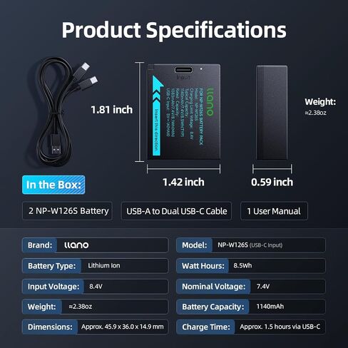 llano NP-W126S Battery 2 Pcs 1140mAh USB C Fast Rechargable Directly | for Fujifilm XT30II X100VI X-M5 XS10 XT3 XT2 XT1 XT30 XT20 XT10 X100V XT200 XT100 X100F XA7 XE3 Xpro Cameras, Full decoding in Kuwait