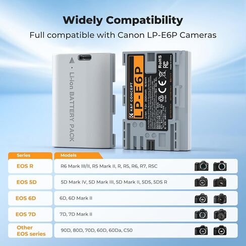 K&F CONCEPT LP-E6P Battery, 2-Pack 2520mAh USB-C R6 Mark III Battery Compatible with Canon EOS R5 Mark II, C50 R6V R6 R7 5D 5DS R 6D 7D 60D 70D 80D 90D Cameras, 2.5h Fast Full Charging, Fully Decoded in Saudi Arabia