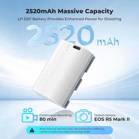 K&F CONCEPT LP-E6P Battery, 2-Pack 2520mAh USB-C R6 Mark III Battery Compatible with Canon EOS R5 Mark II, C50 R6V R6 R7 5D 5DS R 6D 7D 60D 70D 80D 90D Cameras, 2.5h Fast Full Charging, Fully Decoded in Saudi Arabia