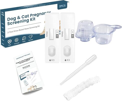 Dog & Cat Pregnancy Test Kit, 2-Test Urine-Based Screening | Up to 98% accuracy. No blood sample needed; urine-based dog & cat kit with liners, cups and result card. in Kuwait