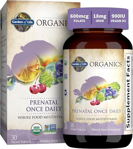 Garden of Life Prenatal Vitamins for Women, Organics Folate for Energy & Healthy Fetal Development, Non-constipating Iron, Vitamin C, B6, B12, D3, Non-GMO, Gluten-Free, Vegan, 90 Day Supply in Kuwait