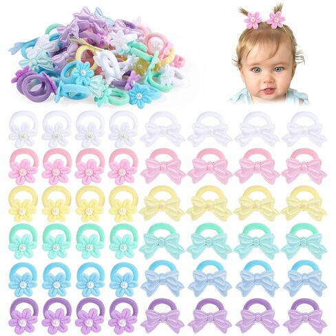 OAOLEER 48PCS Baby Hair Ties, Toddler Hair Ties No Damage with Flower, Soft Elastic Ponytail Holders Hair Accessories for Thick Hair Infants Baby Toddlers Little Girls, 1 Inch (Vivid) in Kuwait