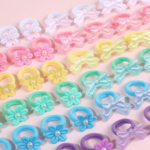 OAOLEER 48PCS Baby Hair Ties, Toddler Hair Ties No Damage with Flower, Soft Elastic Ponytail Holders Hair Accessories for Thick Hair Infants Baby Toddlers Little Girls, 1 Inch (Vivid) in Kuwait