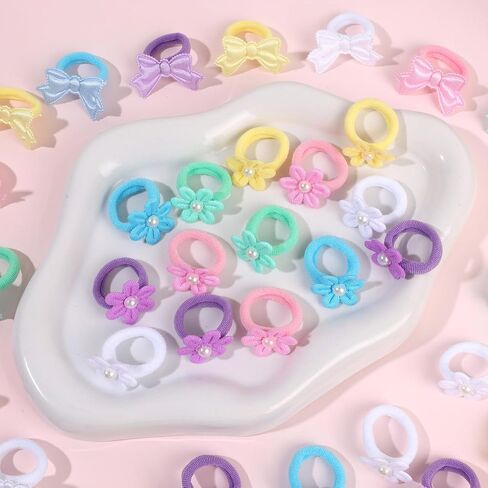 OAOLEER 48PCS Baby Hair Ties, Toddler Hair Ties No Damage with Flower, Soft Elastic Ponytail Holders Hair Accessories for Thick Hair Infants Baby Toddlers Little Girls, 1 Inch (Vivid) in Kuwait