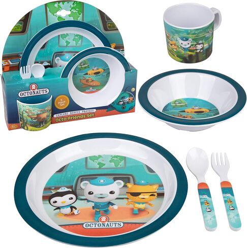 Octonauts 5-Piece Dinnerware Set for Kids & Toddlers, Orange Artic | Includes Reusable Raised-Edge Plate, Bowl, Cup and Utensils, Break-Resistant Melamine, BPA-Free and Dishwasher Safe in Kuwait