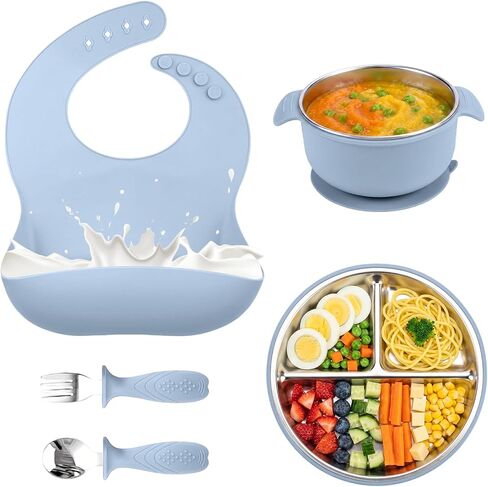 5-in-1 Stainless Steel Baby Feeding Set with Suction Plate & Spoon | Suction Divided Plates, Bowls, Silicone & Stainless Spoon Fork, Baby Tableware for Self-Feeding, Durable, BPA-Free in Kuwait
