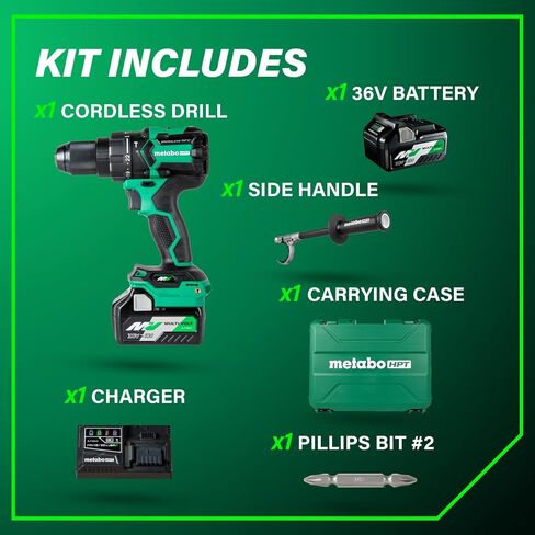 Metabo HPT 36V MultiVolt™ Cordless Brushless 1/2" Hammer Drill Kit, Power Drill Kit with Lithium-Ion Metabo Batteries , Case and Charger, Compact Lightweight Power Tool, DV36DC in Kuwait