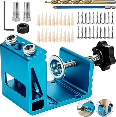 Pocket Hole Jig Kit with Drill Guide Joint 15 Degree Woodworking Inclined Hole Angle Tool Dowel Drill Pocket Joinery Screw Set Kit Adjustable Drill Jig Guides Joint Carpentry Locator Woodworking Tool in Kuwait