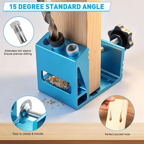 Pocket Hole Jig Kit with Drill Guide Joint 15 Degree Woodworking Inclined Hole Angle Tool Dowel Drill Pocket Joinery Screw Set Kit Adjustable Drill Jig Guides Joint Carpentry Locator Woodworking Tool in Kuwait