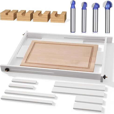 CroBlissful Juice Groove Router Jig, 8 Spacers 4 Pcs 1/4" Shank Round Nose Cove Box Router Bit Adjustable Wooden Juice Groove Jig for Cutting Board Up to 22 x 29, Making Square Recesses(Light Brown) in Kuwait