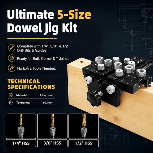 Bisenkud 5-Hole Alloy Steel Dowel Jig for Cabinet and Furniture Alignment | Repeatable Drilling, Fewer Repositioning Steps, for Long Boards, Face Frames and Tabletop Glue-Ups in Kuwait
