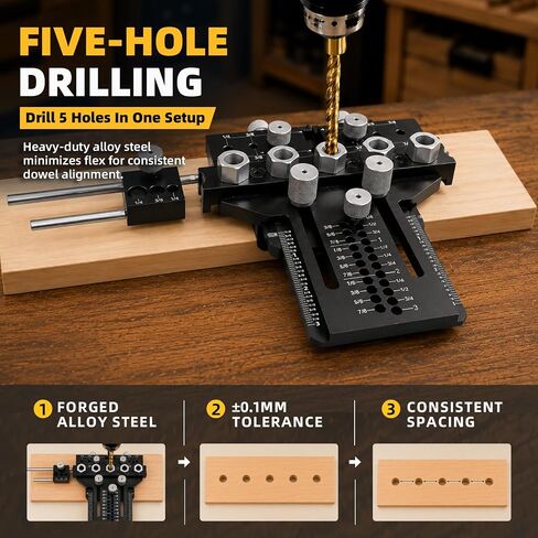 Bisenkud 5-Hole Alloy Steel Dowel Jig for Cabinet and Furniture Alignment | Repeatable Drilling, Fewer Repositioning Steps, for Long Boards, Face Frames and Tabletop Glue-Ups in Kuwait